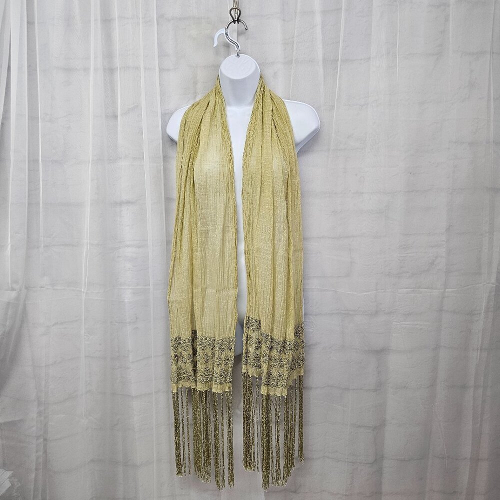 Green Boho Sheer Beaded Embroidered Shimmery Fringed Scarf - Picture 12 of 12